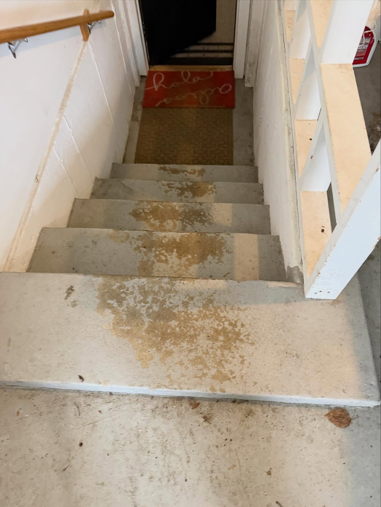 Before: worn, stained concrete basement stairs