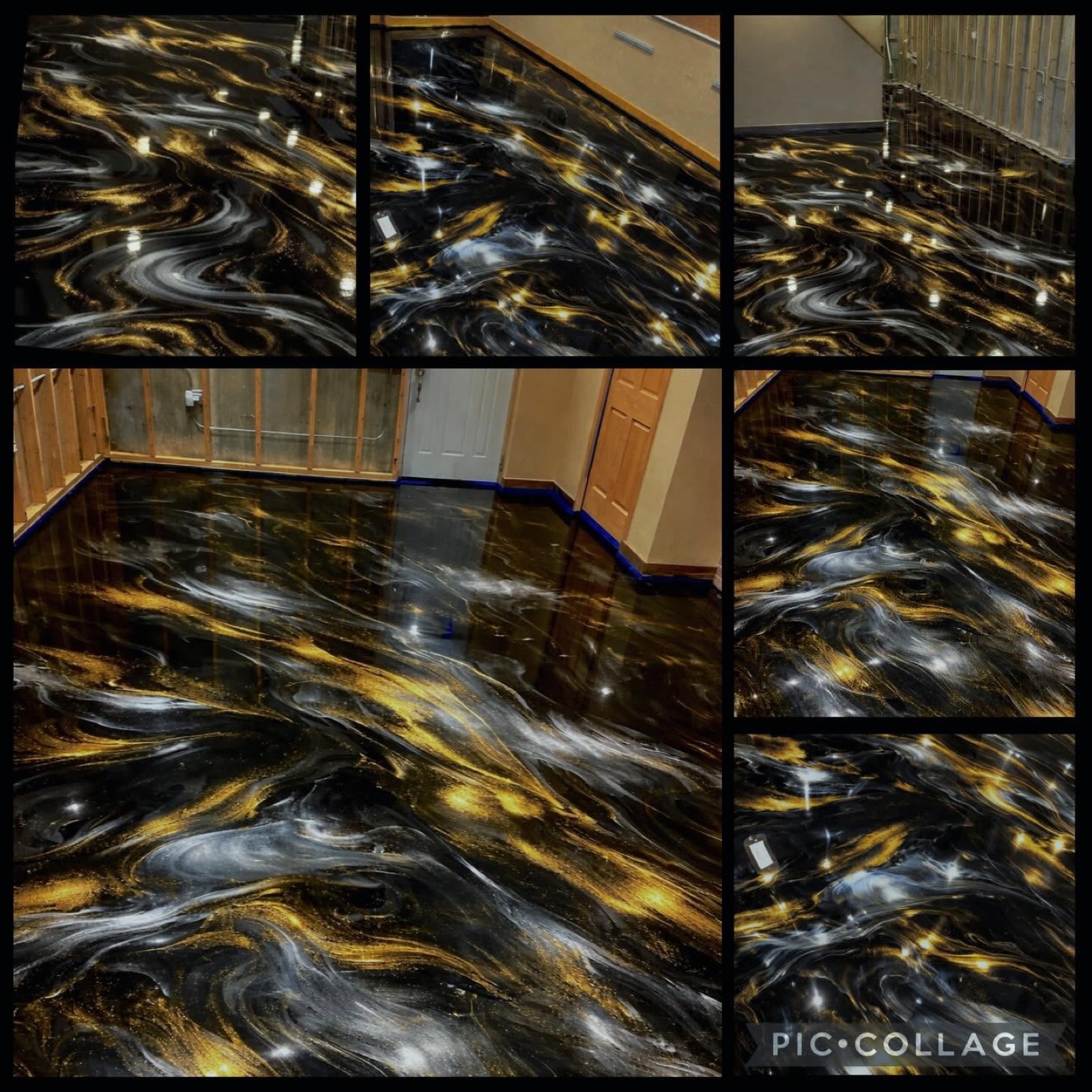 Black and gold metallic epoxy floor finish, multiple angles