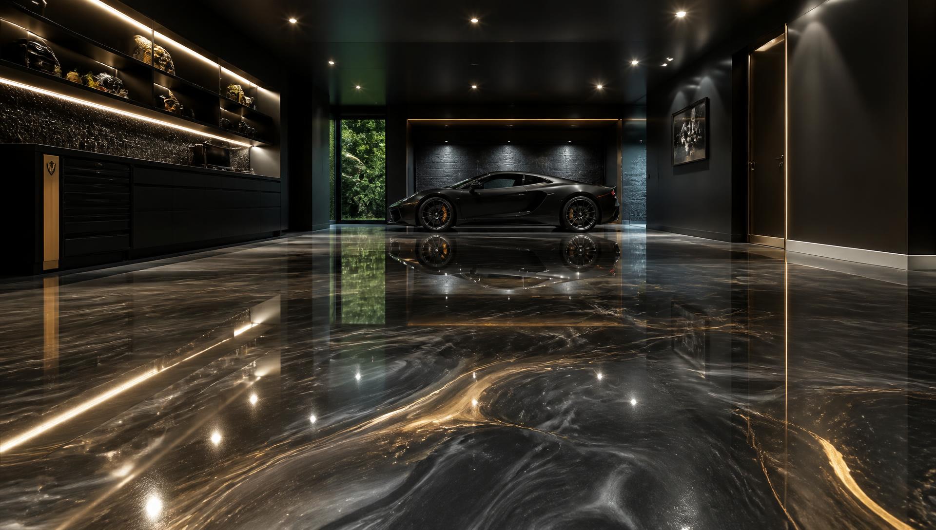 Luxury garage with polished metallic epoxy floor
